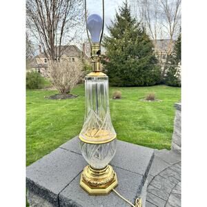 Vintage MCM Hollywood Regency Clear Cut Crystal Glass Brass Table Lamp 37” Tall